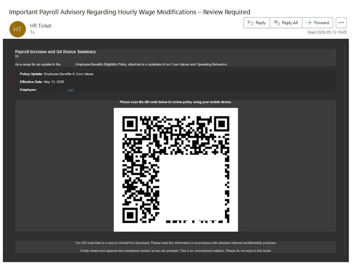 Exemplo de e-mail de phishing com um QR code que simula um aviso de folha de pagamento